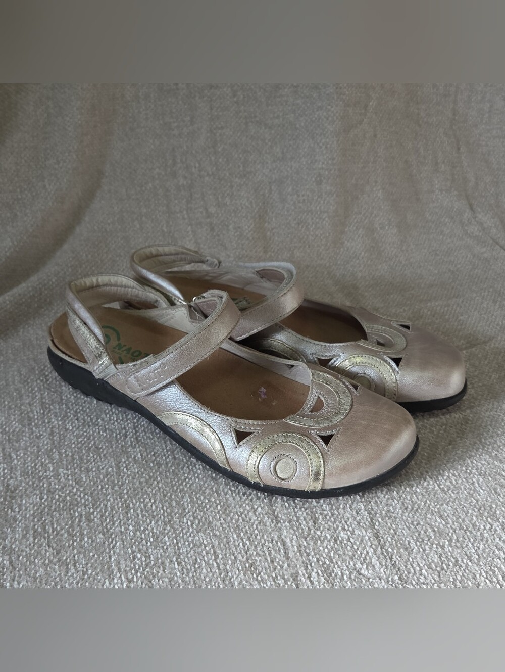 Naot Metallic Beige Mary Jane Flats with Decorative Cutouts